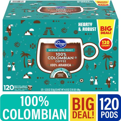 Kroger 100% Colombian Medium Dark Roast Coffee Pods 120 ct