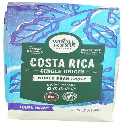 Whole Foods Market, Costa Rica Single Origin Coffee, Light Roast, Whole Bean, 12 Ounce