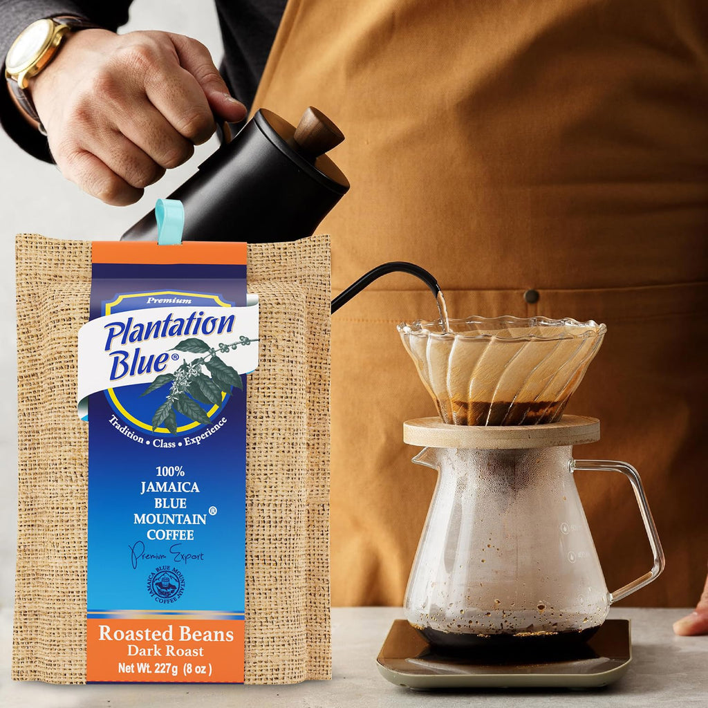 Plantation Blue 100% Jamaica Blue Mountain Coffee - Dark Roasted Whole Beans (8oz)