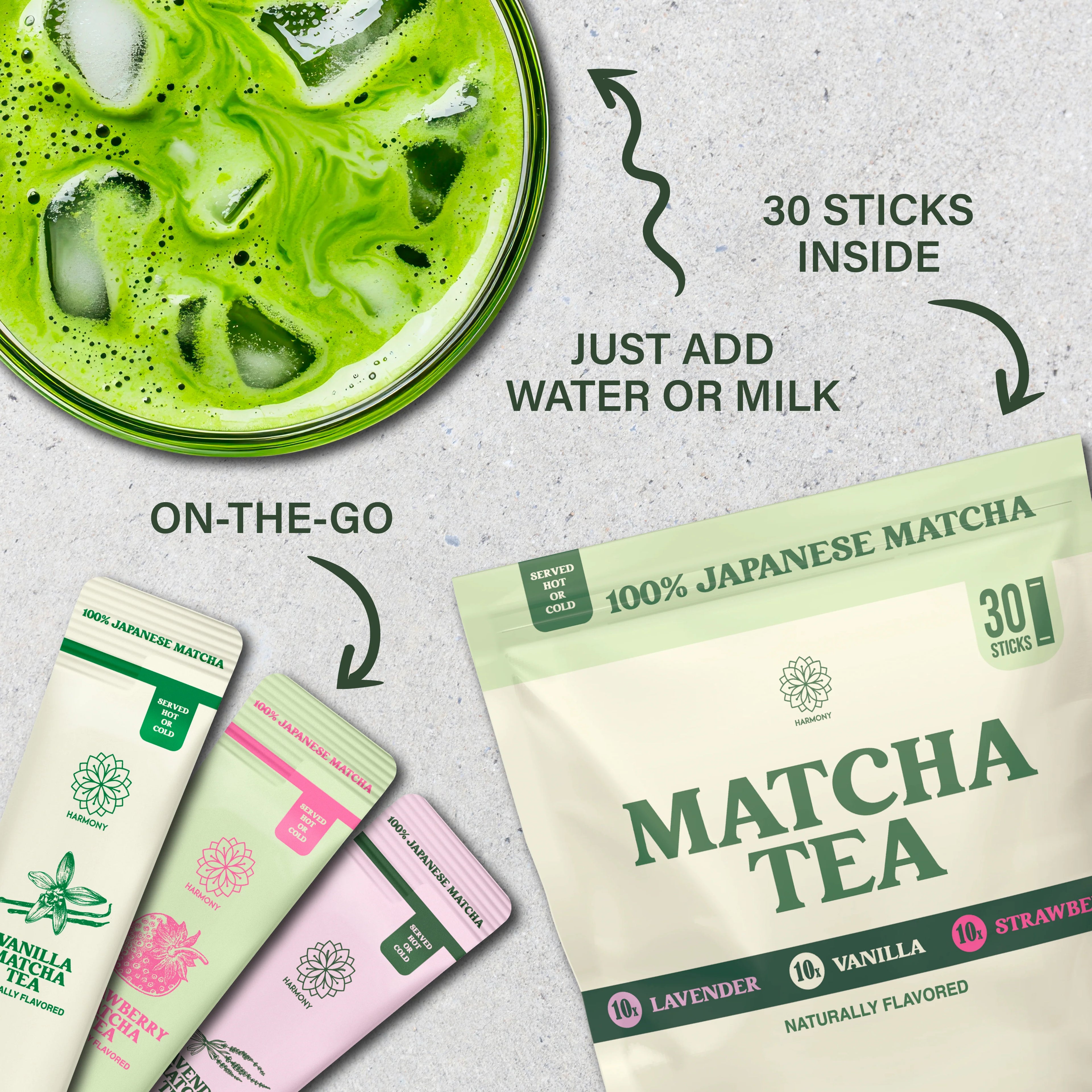 Harmony Matcha Variety Pack, Vanilla, Lavender, Strawberry, Vanilla, Premium Shade-Grown Japanese Matcha, Sweetend with Organic Sugar, 30 Count