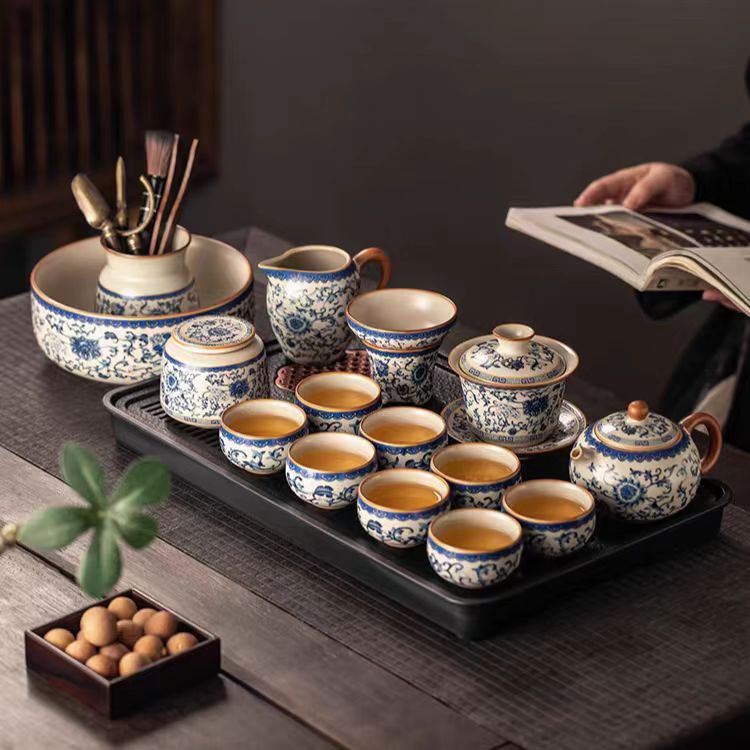 Blue and white rice yellow Ru kiln Kung Fu tea set household ceramic teapot