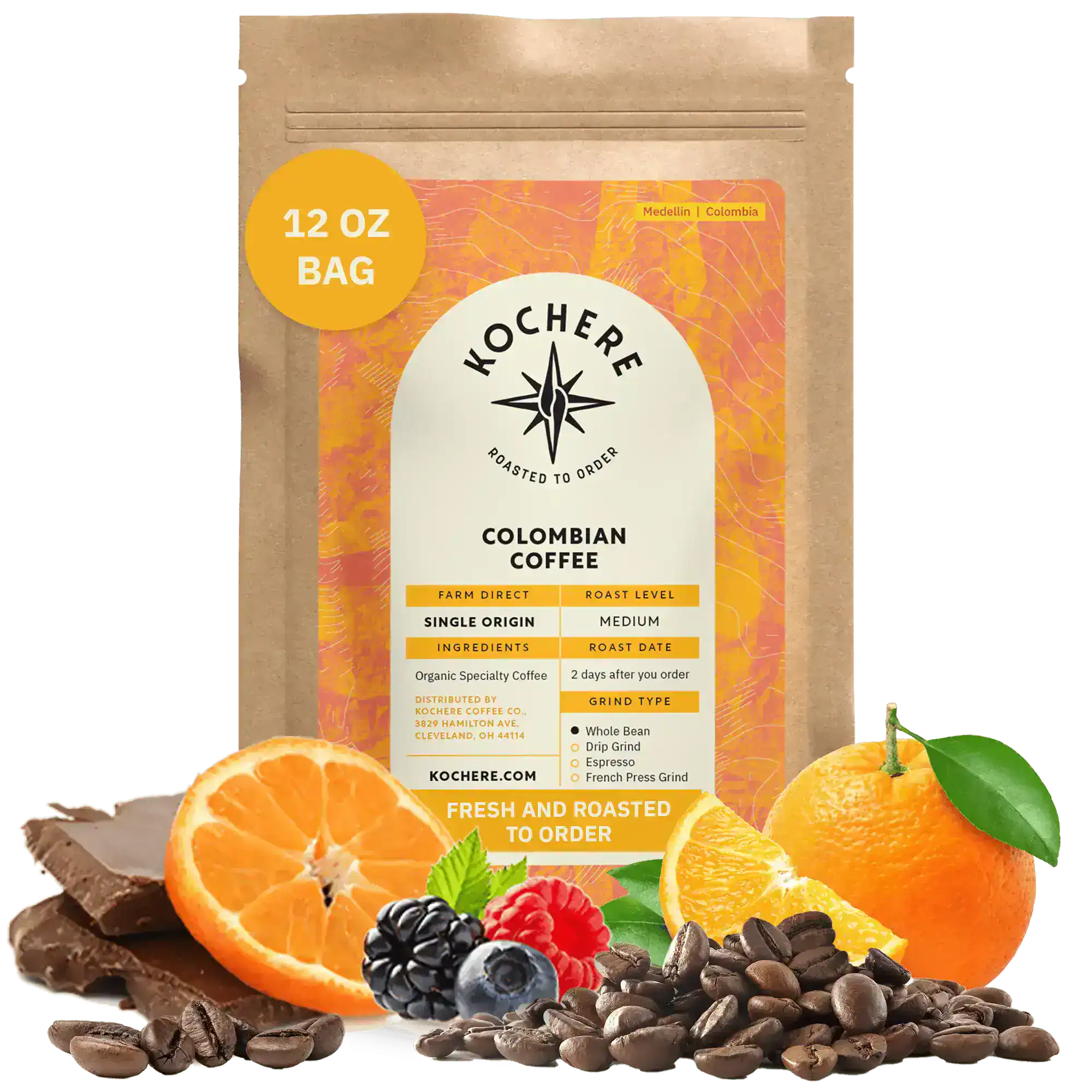 Kochere Coffee Colombian Medellin Single Origin Medium Roast - Dried Orange, Berry Notes