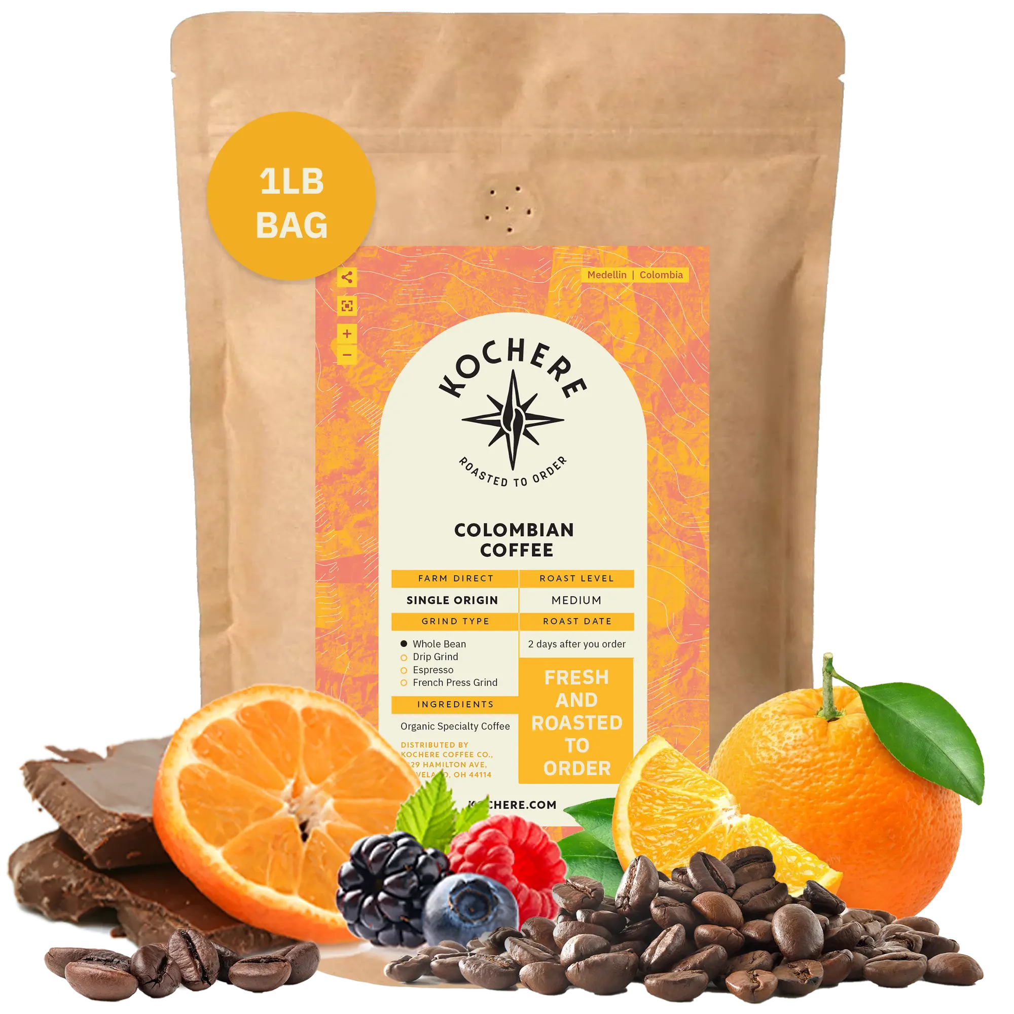 Kochere Coffee Colombian Medellin Single Origin Medium Roast - Dried Orange, Berry Notes