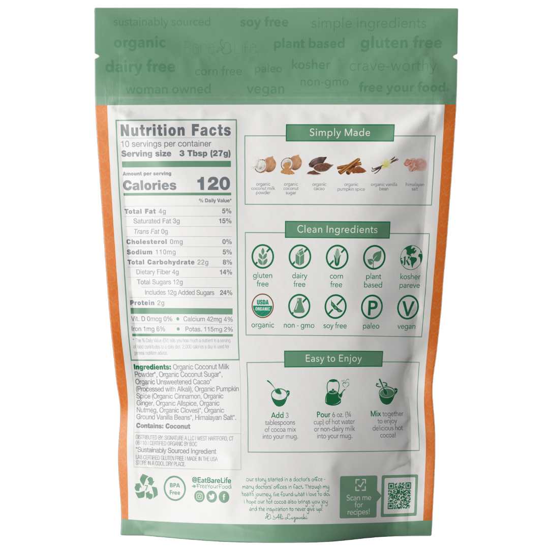 Dairy Free Pumpkin Spice Hot Cocoa Mix | 10 Serving Stand Up Pouch | Gluten Free, Vegan, Organic