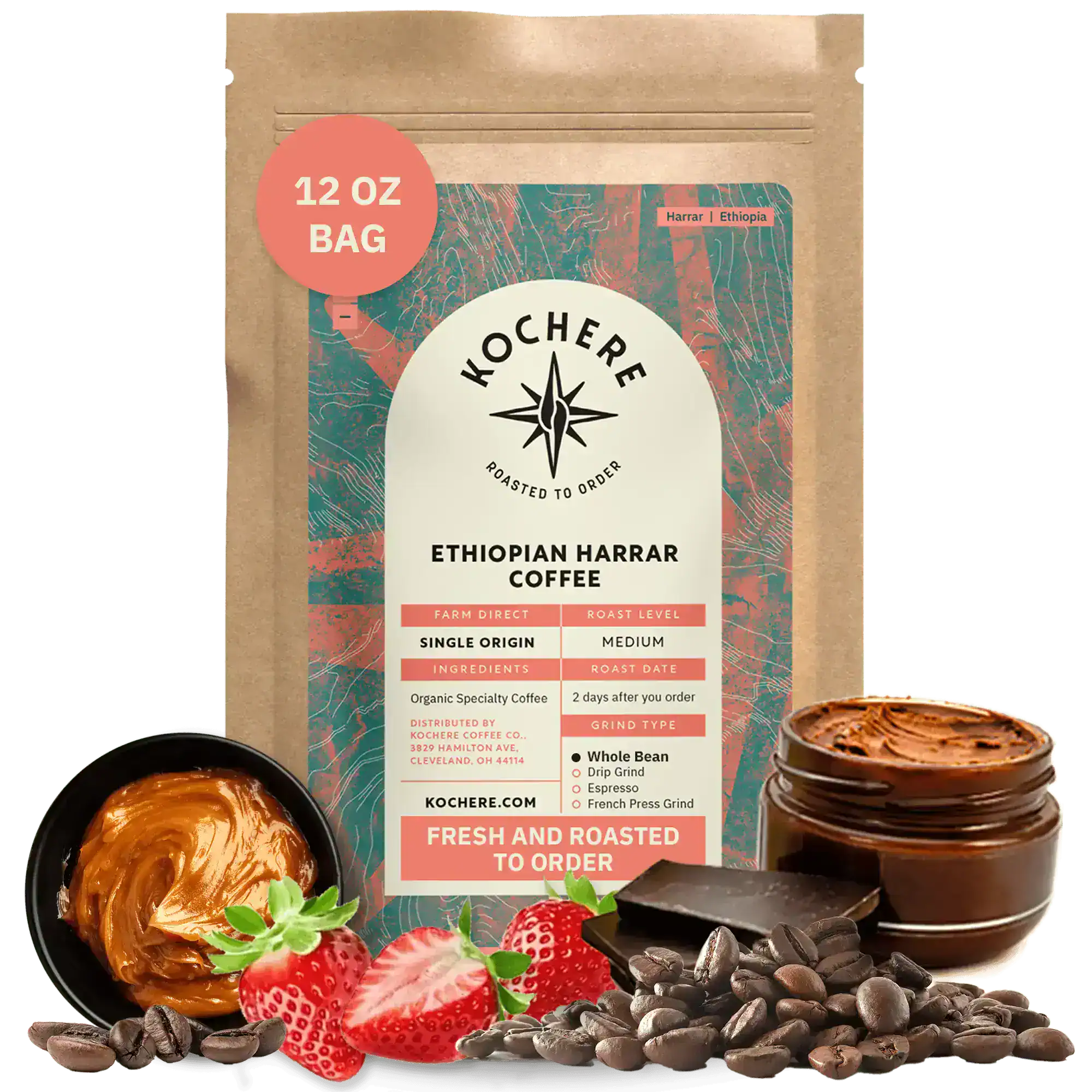 Kochere Coffee Ethiopian Harrar Coffee – Single Origin Natural Medium Roast - Fruity, Berry, Dark Chocolate Notes