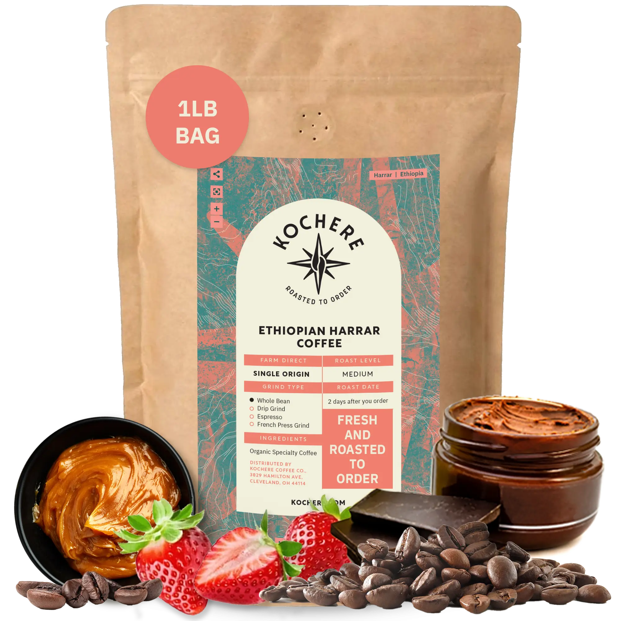 Kochere Coffee Ethiopian Harrar Coffee – Single Origin Natural Medium Roast - Fruity, Berry, Dark Chocolate Notes