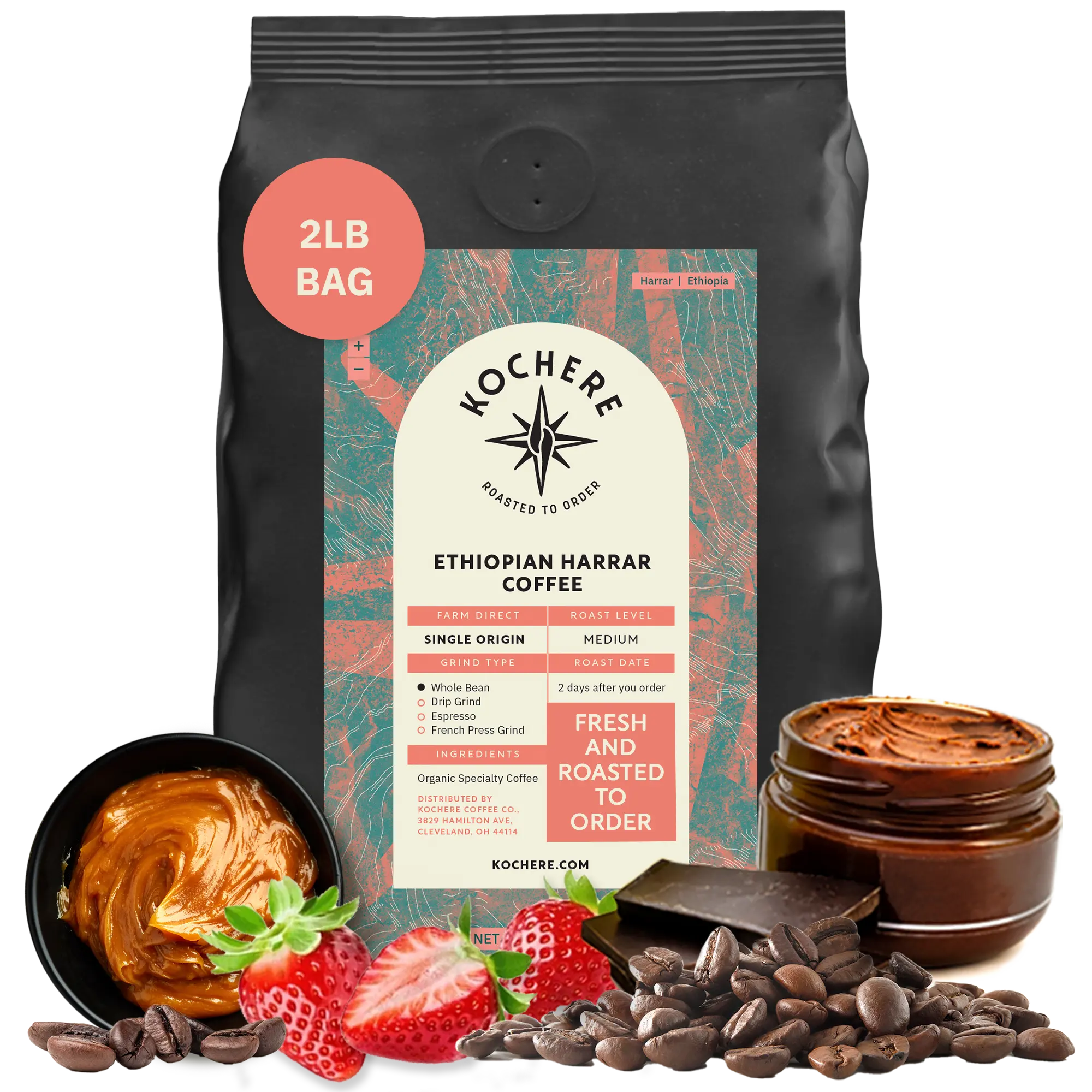 Kochere Coffee Ethiopian Harrar Coffee – Single Origin Natural Medium Roast - Fruity, Berry, Dark Chocolate Notes