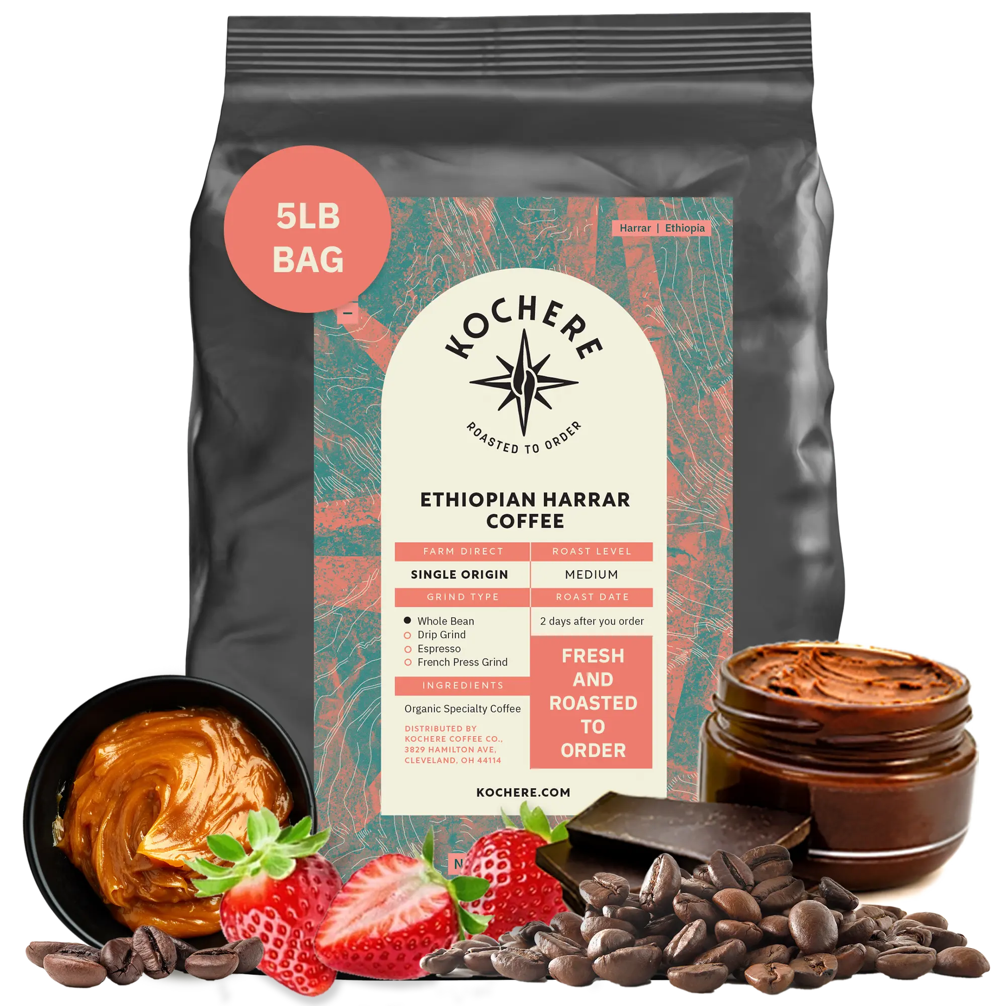 Kochere Coffee Ethiopian Harrar Coffee – Single Origin Natural Medium Roast - Fruity, Berry, Dark Chocolate Notes