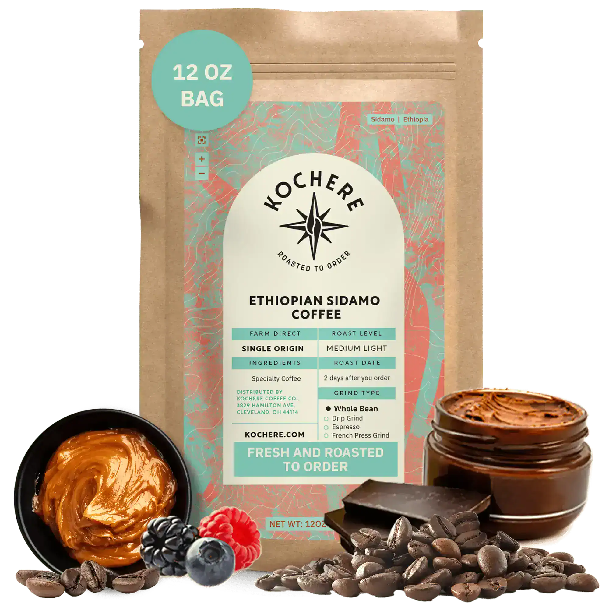 Kochere Coffee Ethiopian Sidamo Natural Medium-Light Roast - Milk Chocolate, Fruity Notes