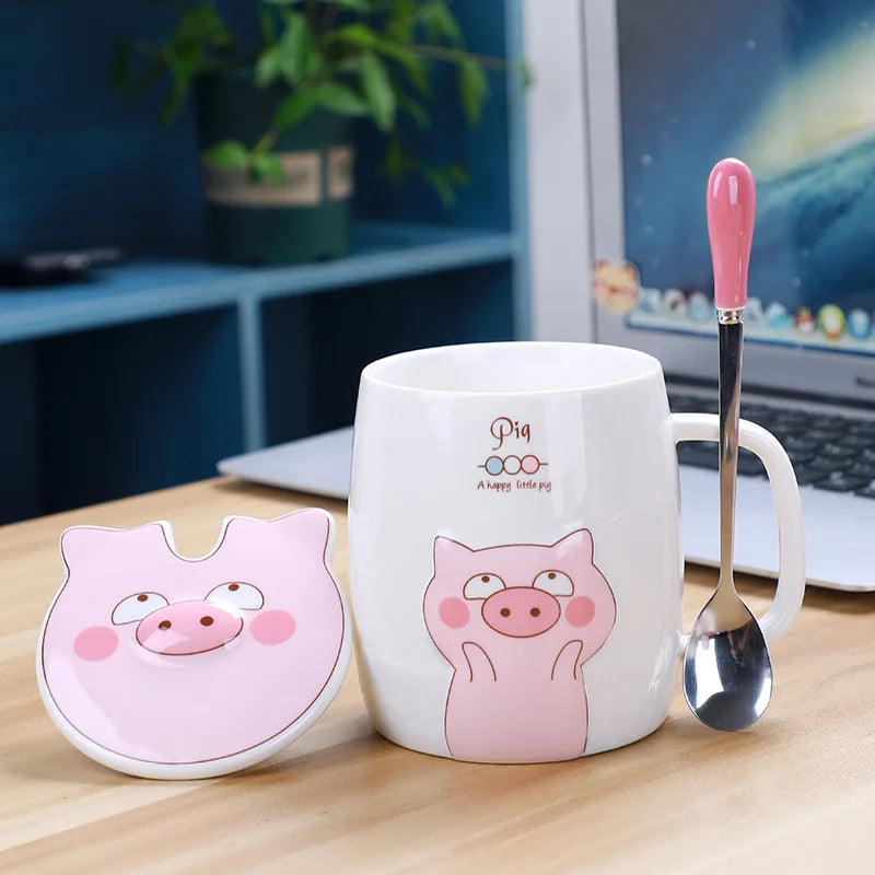 500ml Ceramic Pig Mug with Lid and Spoon | Cute Porcelain Coffee Tea Cup