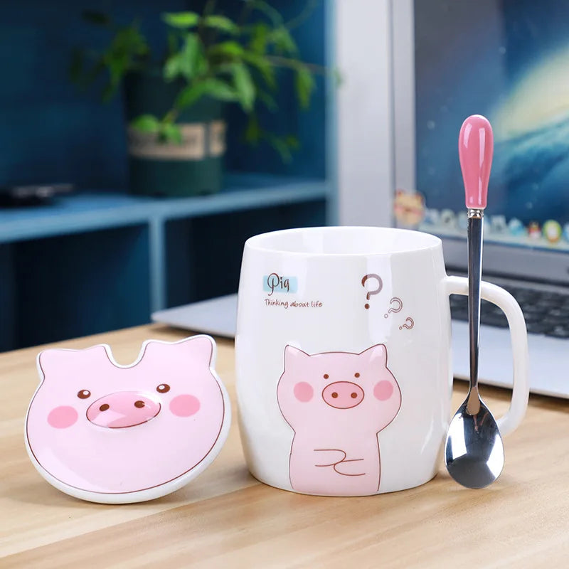 500ml Ceramic Pig Mug with Lid and Spoon | Cute Porcelain Coffee Tea Cup