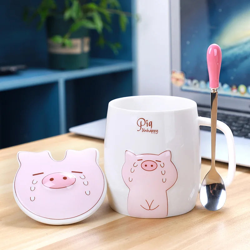 500ml Ceramic Pig Mug with Lid and Spoon | Cute Porcelain Coffee Tea Cup