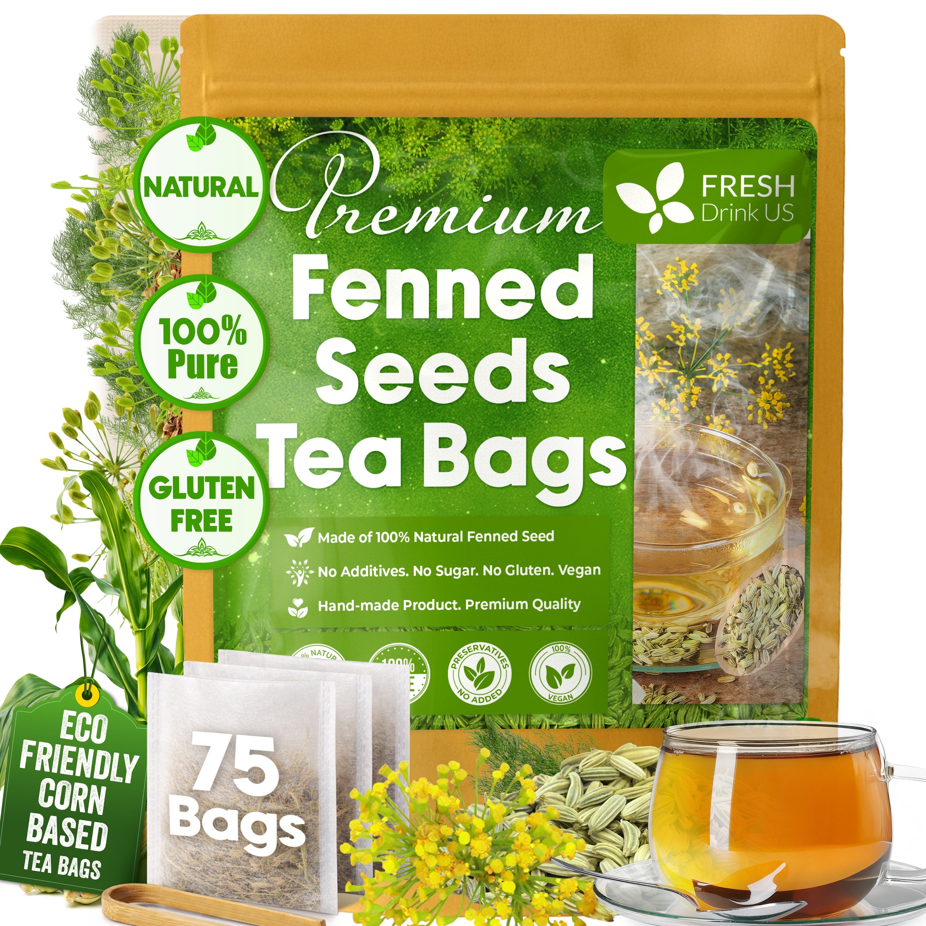 Premium Fennel Tea Bags, 100% Natural & Pure from Fennel Seeds. Fennel Seed Herbal Tea. Fennel Seed Tea. Made with Natural Material Tea Bags. No Sugar, No Caffeine, No Gluten, Vegan.
