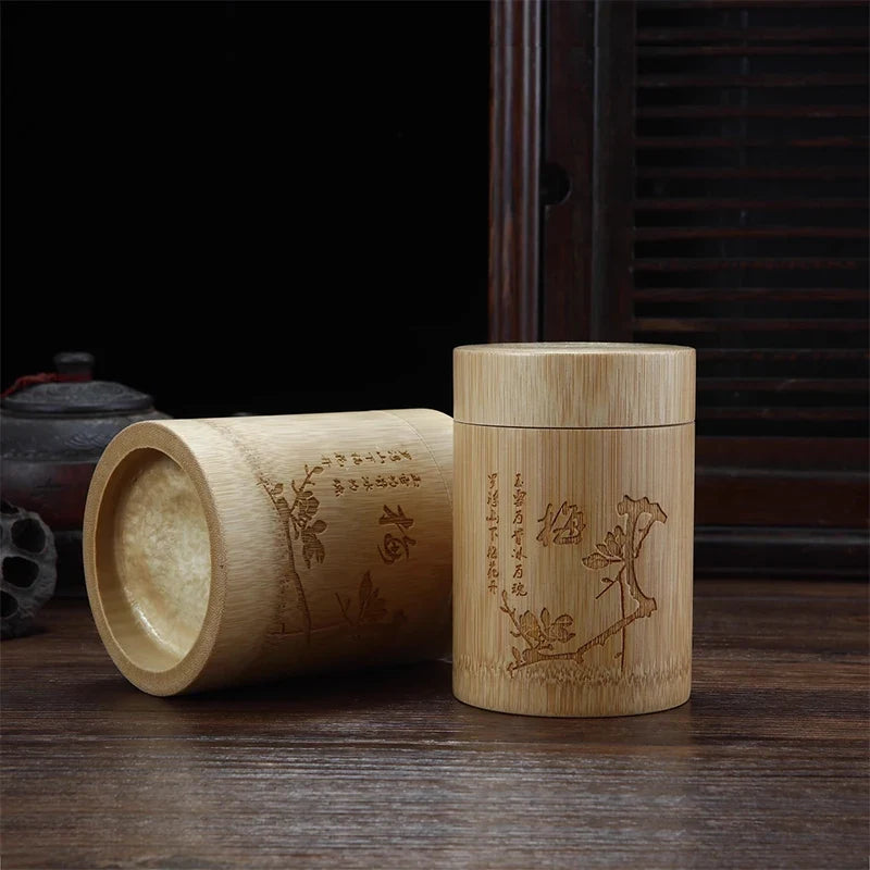 Carved Bamboo Tea Storage Box Lid Seal Tea Canister Food Spice Nut Box Organizer Kitchen Storage Jars Accessories