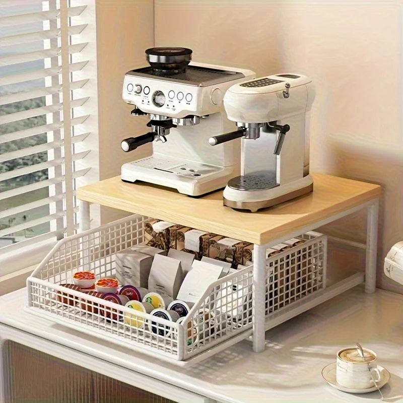 Space Saving Sturdy Hardwood Kitchen Countertop Organizer with Drawer and Wire Basket for Coffee Maker