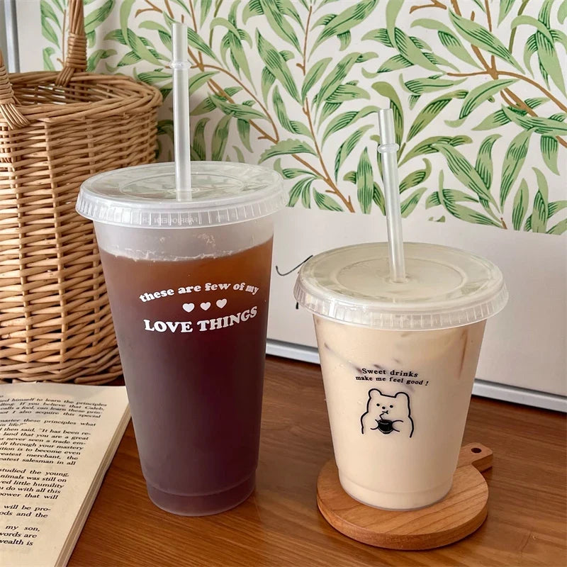 Cute Kawaii Water Bottle | Reusable Plastic Tumbler with Straw Lid for Coffee Juice Tea