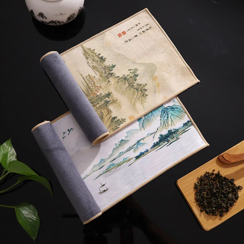 1pc Chinese Painted Thick Tea Towel Super Absorbent Table Mats Suede Professional Rag Tea Mat Napkin High-end Tea Accessories