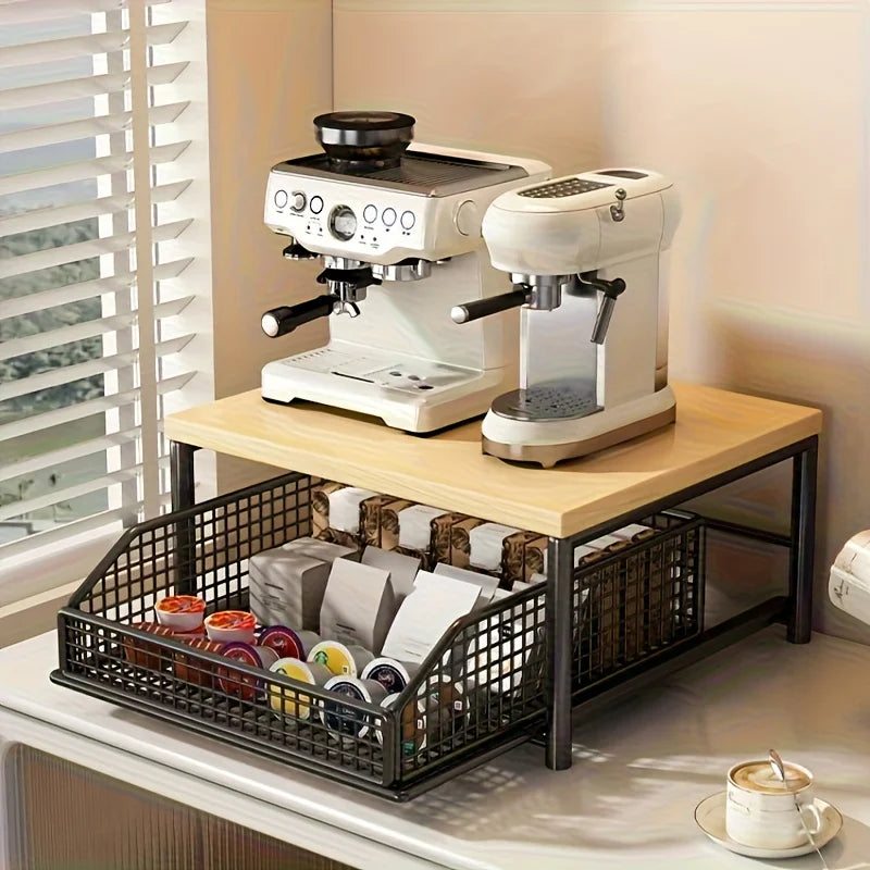 Space Saving Sturdy Hardwood Kitchen Countertop Organizer with Drawer and Wire Basket for Coffee Maker