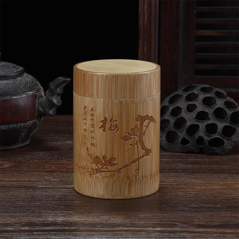 Carved Bamboo Tea Storage Box Lid Seal Tea Canister Food Spice Nut Box Organizer Kitchen Storage Jars Accessories