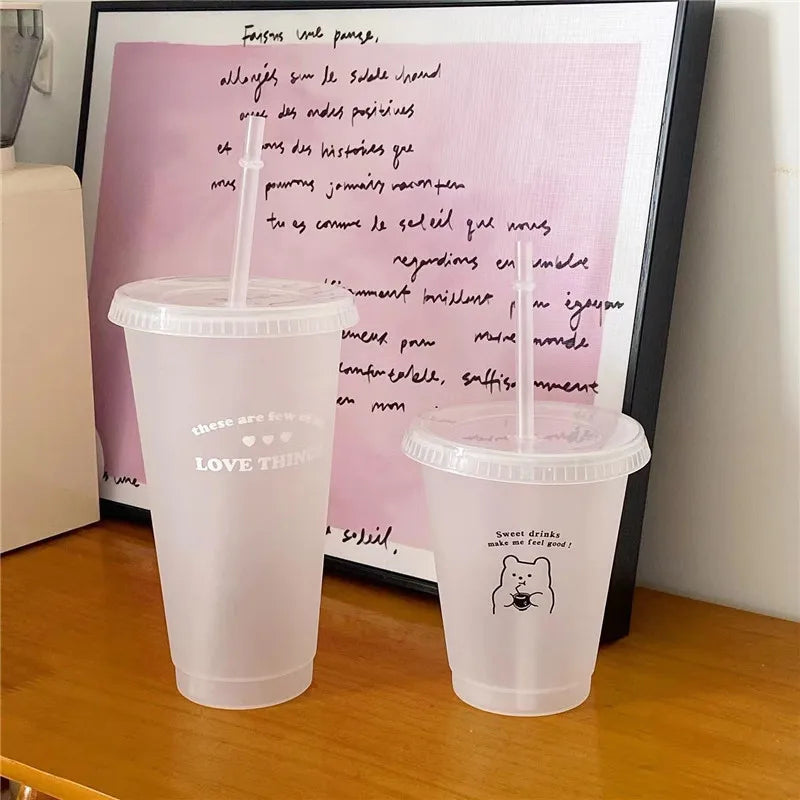 Cute Kawaii Water Bottle | Reusable Plastic Tumbler with Straw Lid for Coffee Juice Tea