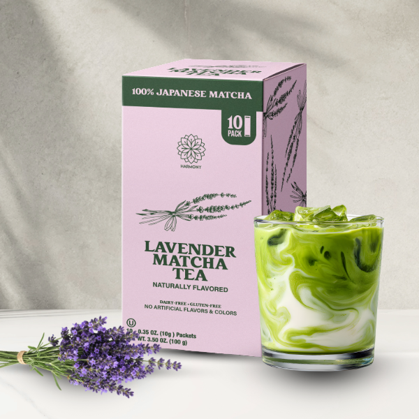 Harmony Matcha Lavender, Premium Shade-Grown Japanese Matcha, Sweetened with Organic Sugar, 10 Count Per Carton